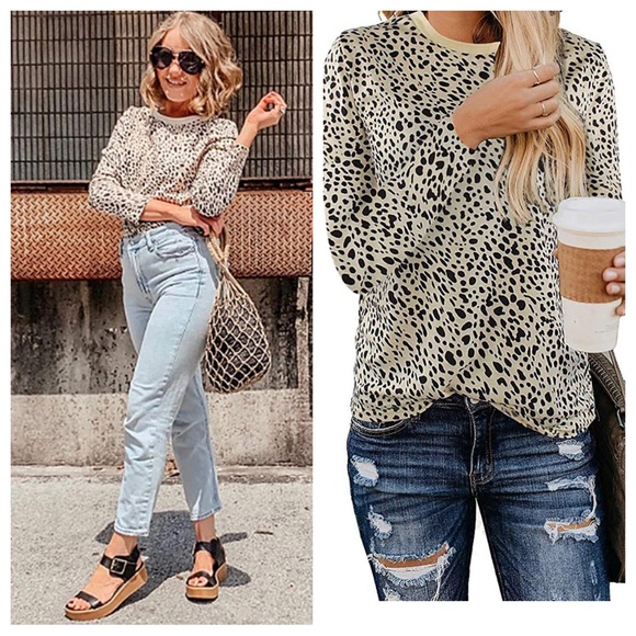 Tops - Leopard Print Crew Neck Long Sleeve Pullover